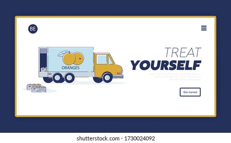 Concept Of Fruits Import And Export. Website Landing Page. Open Tail Gate Of Delivery Truck With Lots Of Wooden Boxes With Oranges. Web Page Cartoon Linear Outline Flat Style. Vector Illustration