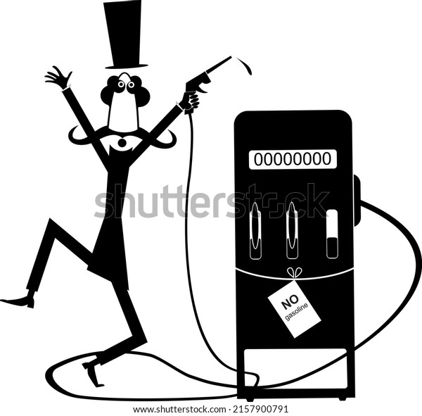 Concept of a fuel\
crisis.\
Panic man in the top hat holding a filling gun. No petrol\
on the petrol\
station\
