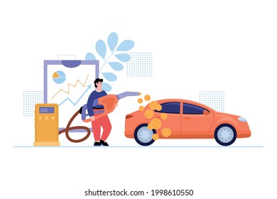 Concept of fuel price and economy money at petrol. Young man stand near car and holds a huge gas station hose with a stream out of gold coins. Flat cartoon vector illustration.