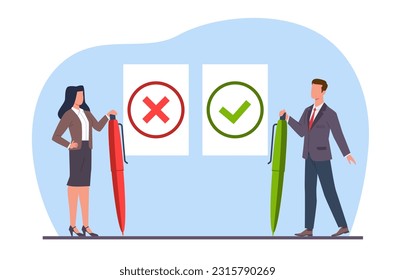 Concept fulfilled not fulfilled, man and woman give different results. Guy and girl hold huge ged and green pens, cross and check sign, yes or no, decision and makes choice vector illustration