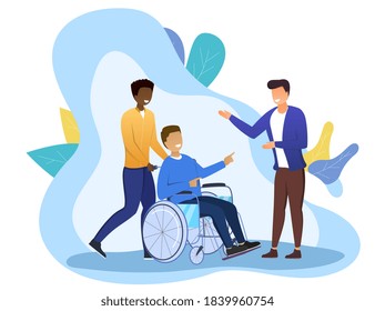 The concept of a fulfilling life. A disabled man in a wheelchair is enjoying life with his friends. Flat cartoon vector illustration.