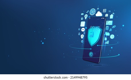 The Concept Of Full Protection Of The Mobile Phone From Personal Data Leakage. Secure Internet Connection, Vpn, Encryption, Anti Virus Software. Cyber Security And Protection Smartphone. Vector Banner