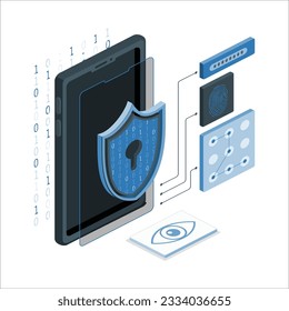 Das Konzept des vollständigen Schutzes des Mobiltelefons vor Datenleckage. Sichere Internetverbindung, vpn, Verschlüsselung, Antivirensoftware. Smartphone für Cybersicherheit und Schutz. Vektorgrafik. 2097