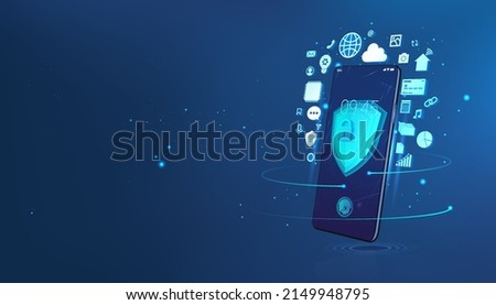 The concept of full protection of the mobile phone from personal data leakage. Secure internet connection, vpn, encryption, anti virus software. Cyber security and protection smartphone. Vector banner