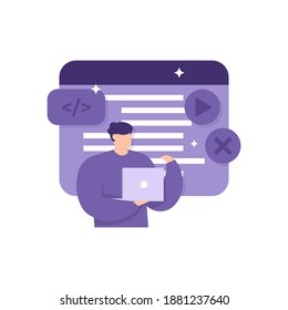 a concept of a full stack developer, programmer, web development. illustration of a man creating and running a program. using a laptop and coding. flat style. vector design elements