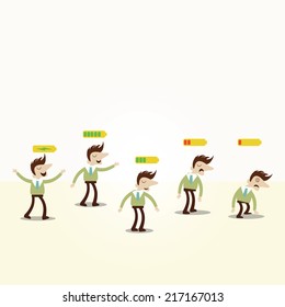 Concept Fully charged to exhausted business man with battery indicator.Vintage cartoon business vector design.