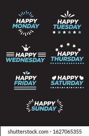 Concept Fun Art Design With Word Monday, Tuesday, Wednesday, Thursday, Friday, Saturday, Sunday. Vector Illustration. 