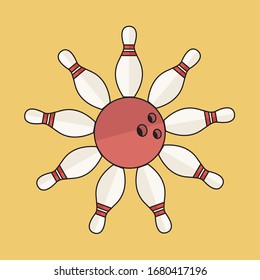 concepto divertido Bote de boliche icono vectorial y bolera aislado diseño plano caricatura como un símbolo de flor de arte creativo. juego de bolos para símbolo profesional de negocio. logotipo artístico de idea de éxito y precisión.