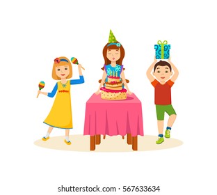 Concept - fun children. Young children are happy, having fun, playing on maracas, girl blowing cake, boy with a gift in the hands. Cartoon vector illustration isolated on white background.