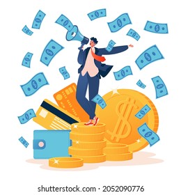 Concept of fundraising, business contribution, startup capital. Vector character shouts into megaphone while standing on large stack of money, coins, and cards, with dollars pouring down on top of him