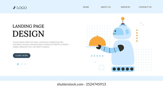 Concept of funny robot waiter landing page
