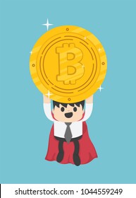 Concept Funny superhero businessman flying hold Bitcoin