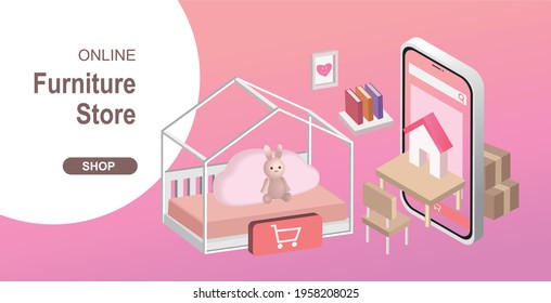 Concept furniture market shopping online delivery at home to the customer. 3D kid or children's room cross-section with house shaped wooden bed and kids table.
