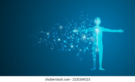 Concept Of Fusion Of DNA And Physical Network Molecules. Human Body Connection, Futuristic Blue Background