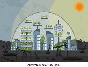 Concept of the future city - oasis in the post apocalyptic industrial desert