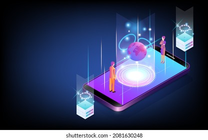 Concept of Future digital technology 3D metaverse, a virtual reality technology for users on smartphones and digital devices colorful background. Vector illustration eps10