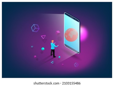 Concept of Future digital technology 3D metaverse, a virtual reality technology for users on smartphones and digital devices colorful background. Vector illustration eps10