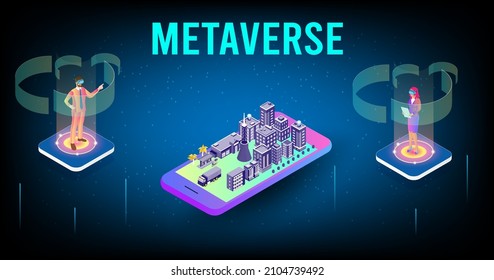 Concept of Future digital technology 3D metaverse, a virtual reality technology for users on smartphones and digital devices colorful background. Vector illustration eps10