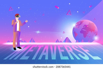 Concept of Future digital technology metaverse, Man with virtual reality VR playing AR augmented reality game and entertainment, colorful background. Vector illustration eps10