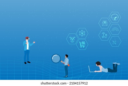 Concept of Future digital technology metaverse with Human face in augmented or virtual reality glasses, colorful background. Vector illustration eps10