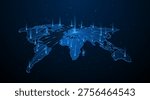 The concept of future global network connectivity technology. World map. Global data transmission or business operations.