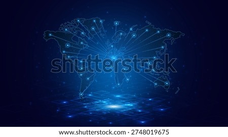The concept of future global network connectivity technology. World map. Global data transmission or business operations.