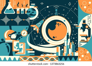 Concept future and modern science, city and space. Concept rocket, chemestry, learning and progress for development and space travel. Vector illustration