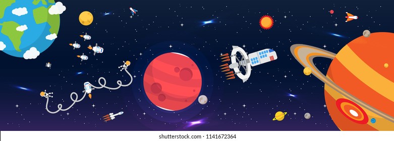 Concept of future space adventure. When human can build spaceship that capable of interstellar travel. Space explorer will be more fun while earth, Mars, Jupiter connected. EPS10 editable file.