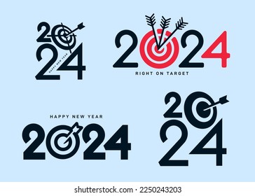 Concept for future success and planning towards goals. Arrow hit the target. Happy New Year 2024 design. Set of Brochure design template, card, banner. Isolated white background. Vector illustration.