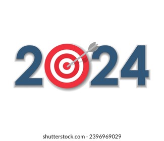 Concept for future success and planning towards goals. Arrow hit the target. Happy New Year 2024 design
