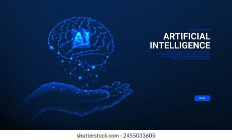 Concept of futuristic AI brain. Vector illustration with hand holds futuristic glowing low polygonal brain. Ai technology, artificial mind, neural network, artificial Intelligence concept. 