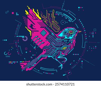 concept of futuristic technology of AI - artificial intelligence, graphic of robotic bird flying with cyberspace element