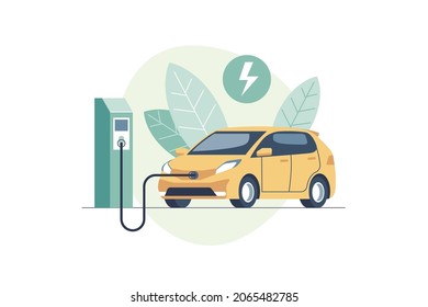 Concept of futuristic transport, green energy, eco city. Charging electric car battery at electric recharge station. New alternative energy Vehicle. Vector Illustration.