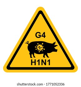Konzept des G4 EA H1N1 oder des Genotyp 4 des eurasischen aviären H1N1-Virus-Warnzeichens. Flaches Icon Design des Silhouettenschweins mit Alphabet auf gelben Dreiecksplatten.