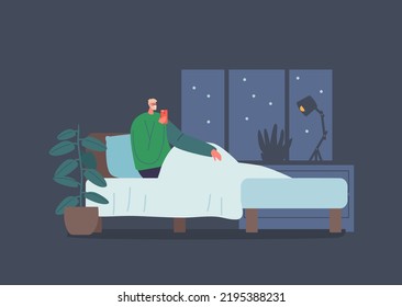 Concept of Gadget Addiction, Insomnia, Internet Communication. Male Character with Phone Sitting in Bed under Blanket. Man Relax at Nighttime with Mobile. Cartoon People Vector Illustration