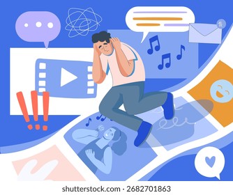 Concepto de adicción a los gadgets. Muchos dependen de las redes sociales, del doomscrolling. 
Personaje desplazándose por App. Persona que usa el teléfono inteligente, Ilustración vectorial de adicto al scroll sin fin. 