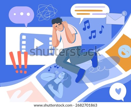 Concept of gadget addiction. Man are dependent from social networks, doomscrolling. 
Character scrolling through app. Person using smartphone, endless scroll addict vector illustration. 