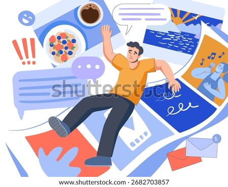 Concept of gadget addiction. Man are dependent from social networks, doomscrolling.
Person using smartphone, endless scroll addict vector illustration. Man user surfing networks with photos and posts
