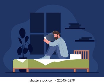 Concept of gadget addiction. Man sits on bed at night with smartphone in his hands. Social networks and messengers, interesting content. Mental health and psychology. Cartoon flat vector illustration