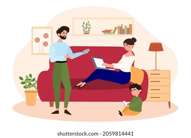 Concept of gadget addiction. Whole family sits in evening with modern devices. Mother, father and son with phones in their hands. Cartoon flat vector illustration isolated on white background