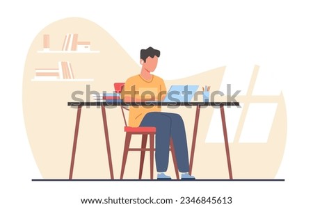 Concept of gaining knowledge online, young guy is being trained using laptop computer. Boy in headphones sitting at desk and doing homework with computer. Vector cartoon flat illustration
