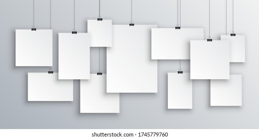 Cartera de galería de conceptos, papel de marco de foto, afiche. Creativo de afiches en blanco colgando la lista con sombras. Papel blanco colgado sobre los aglutinantes. Página de papel A4, burla, hoja en la pared 