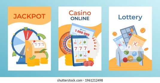 Concept gambling postcard banner set, modern online jackpot casino, large sum lucky lottery game flat vector illustration.