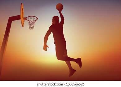 Concept of a game action in a basketball game, with a player who scores a basket by jumping to make a dunk.
