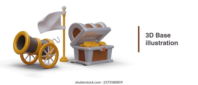 Concept of game base. Fort, place for protection. 3D wheel cannon, chest filled with gold coins, flag. Vector illustration with shadows. Idea for gaming