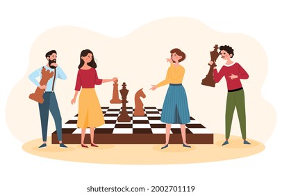 Concept of the game of chess. Men and women hold chess pieces in their hands and move them around the board. The strategy of the game. Cartoon flat vector illustration isolated on a white background