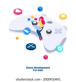 Concept Of Game Development For Kids. Courses For The Development Of Mobile And Computer Games. Vector Illustration In Isometric Style, Isolated On White Background