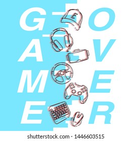 Concept Game Over, blue color and Glitch linear Game Gadgets icons, esports elements in a vertical