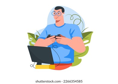 Concept Gaming with people scene in the flat cartoon style. Man plays computer games on a laptop with a play station. Vector illustration.