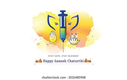 Concept for Ganesh Chaturthi festival background with corona covid 19 vaccine syringe injection and mask